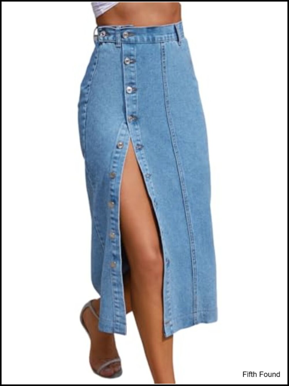 High Waisted Denim Midi Skirt Button Front Side Slit Women's